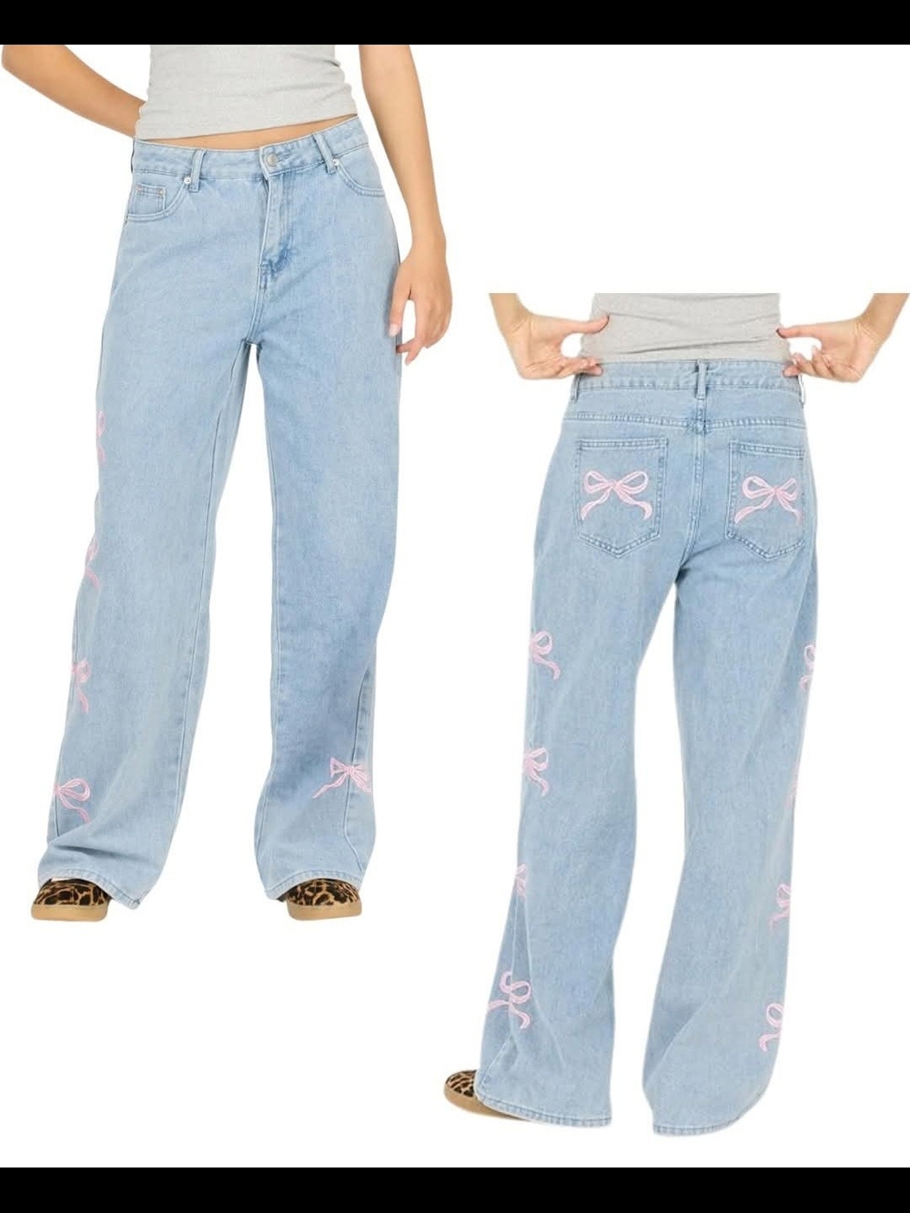 Forever 21 Light Wash Wide-Leg Jeans with Pink Bow Embroidery